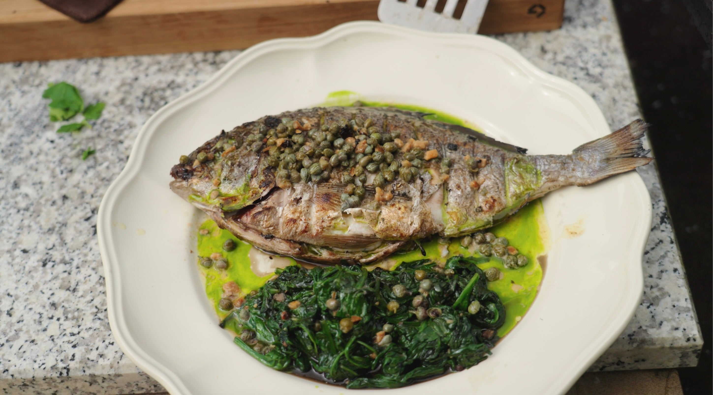 Grilled Dorade with Spinach and Caper Butter